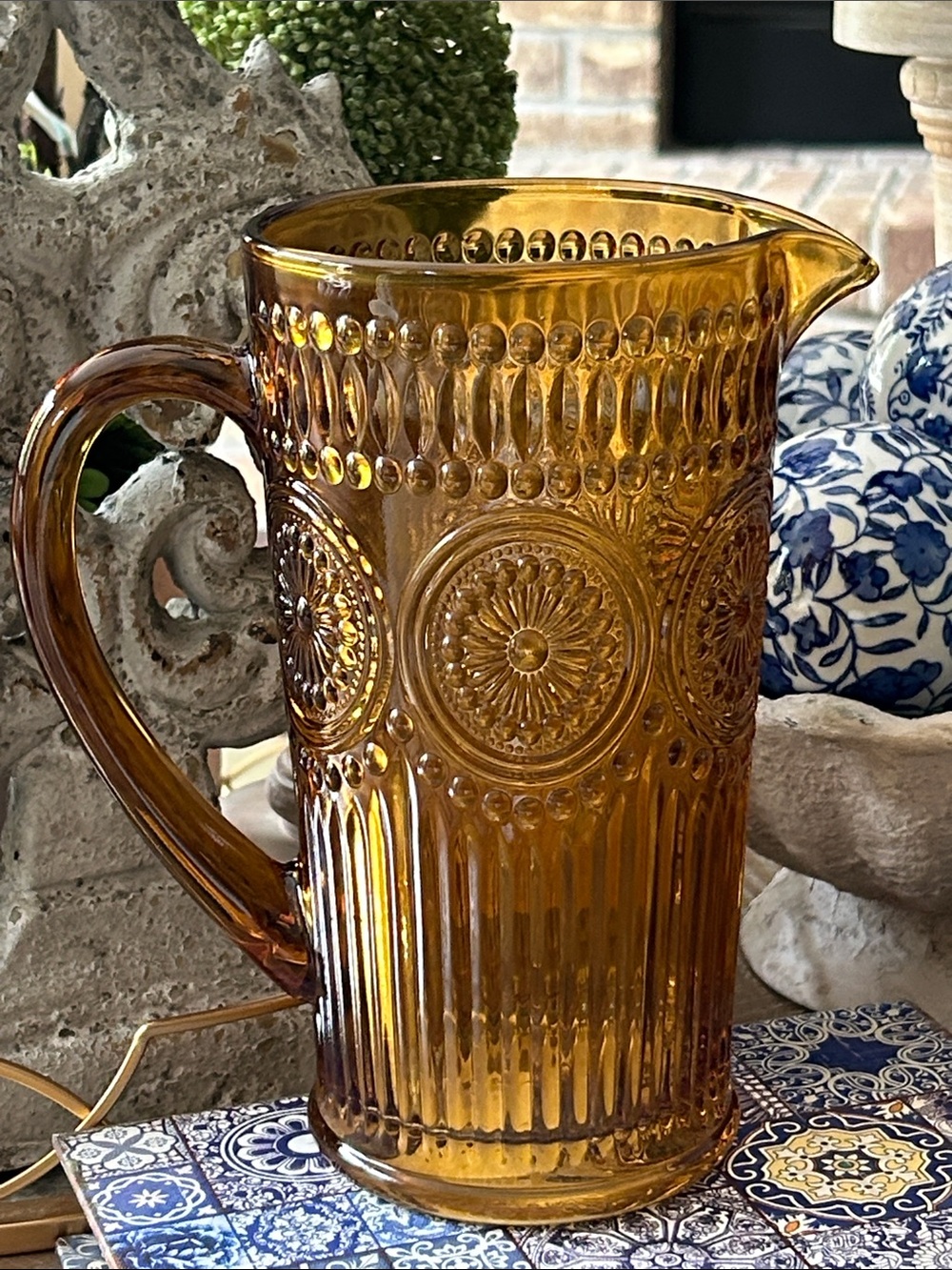 NEW! Vintage Inspired Amber Glass Medallion Embossed Serving Beverage Pitcher
